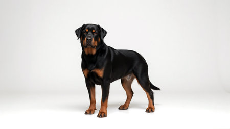 Powerful Rottweiler Standing Portrait Against Soft Studio Backgroundの素材
