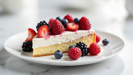 Close-up slice of mixed fruit and berry cream cakeの素材