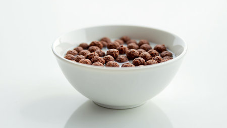 Chocolate Cornflakes Cereal in Milk on Bright White Backgroundの素材