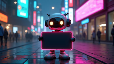Futuristic Toy-Like Robot Holding Blank LED Sign in Vibrant Cityscape -の素材