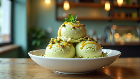 Close-up view of pistachio ice cream with crushed pistachios and green drizzleの素材