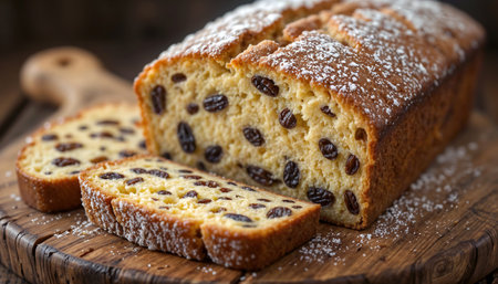 Close-up view of homemade style raisin cake - Generative AIの素材