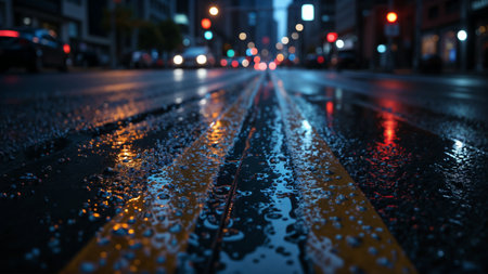 Wet asphalt close-up with urban light reflectionsの素材