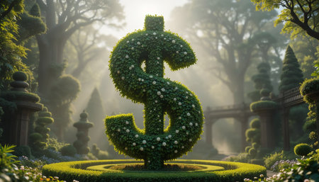 Giant dollar sign topiary sculpture in sunlit fantasy gardenの素材