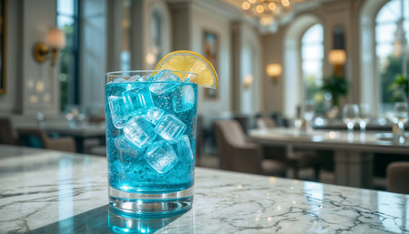 Luxury bar's electric blue signature cocktail captures sunlit eleganceの素材