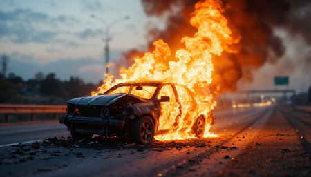 Dramatic car fire aftermath on interstate highwayの素材