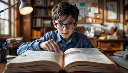 A hardworking boy studies in his roomの素材