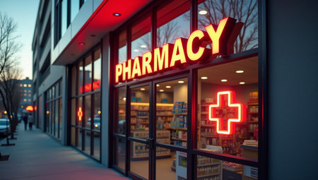 Exterior view of a modern pharmacyの素材