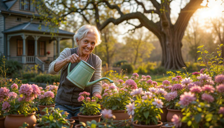 The elder woman waters the flowers in her garden early in the morningの素材