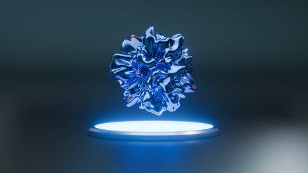 Deformed Blue Color 3D Abstract Object On A Glowing Podium - 3D Renderの写真素材