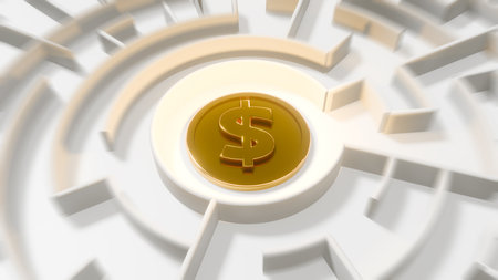Gold Coin With Dollar Sign In A Circular White Maze - 3D Renderの写真素材