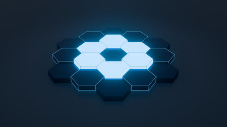 Hexagonal Dark And Glowing Blue Design - 3D Renderの写真素材