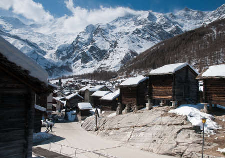 Saas-Fee, a view over the village towards the ski areaの写真素材