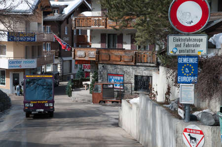 Entrance road to  Saas-Fee village  In the center is prohibited to use other than electric vehicles のeditorial素材
