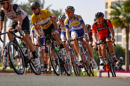 DOHA, QATAR FEBRUARY 9, 2016 -- Race leader Mark Cavendish found himself in a group 14 seconds down as the peloton entered into The Pearl for four circuits during stage 2 of the 2016 Tour of Qatar.のeditorial素材