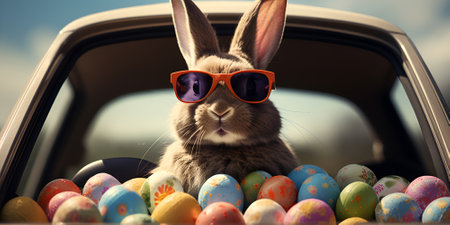 Rabbit with sunglasses and easter eggs in car. 3d renderingの素材