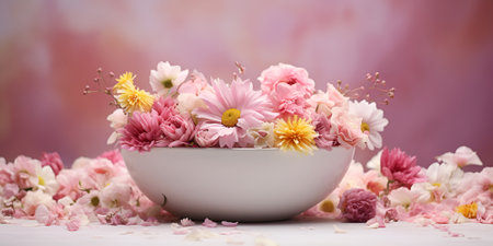 Bouquet of beautiful flowers in bowl on table on light backgroundの素材