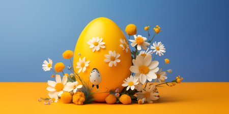 Easter egg with flowers on blue background. 3d illustration.の素材