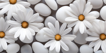 White daisies and white stones as a background, top viewの素材