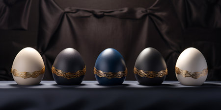 Easter eggs with gold patterns on a black background. 3d renderの素材