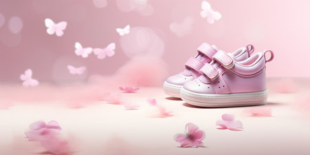 Pink baby shoes with cherry blossom petals. 3d renderingの素材