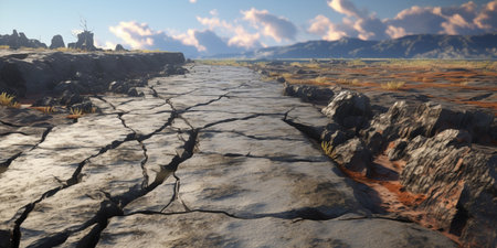 3D CG rendering of cracked ground with mountains in the background.の素材