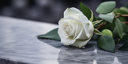 White rose on a black marble surface with green leaves in the backgroundの素材