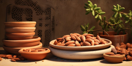 Almond nuts in a clay bowl on a background of brown wallの素材
