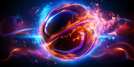 Basketball ball on fire background. 3D rendering. Neon lights.の素材