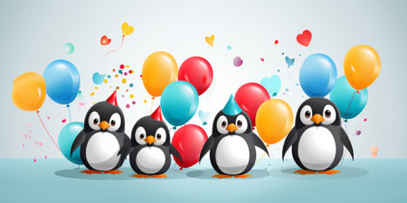 Cute penguins with balloons and confetti. Vector illustration.の素材