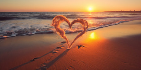 Heart shape made of ice on the beach at sunset. Love conceptの素材