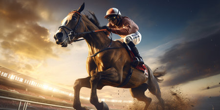 Horse race with jockeys at sunset. 3d renderingの素材