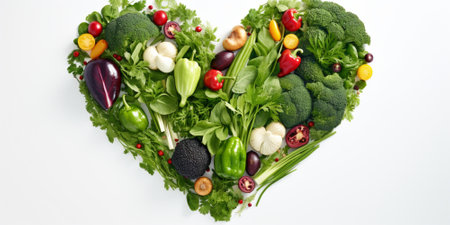 Heart made of fresh vegetables on white background. Healthy eating concept.の素材