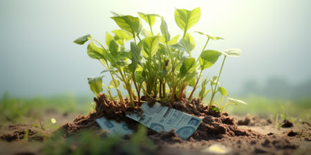 Green seedling growing from dollar bills in the ground. Concept of saving money.の素材