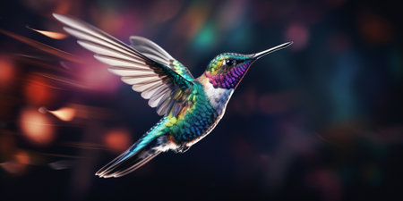 Hummingbird in flight on a dark background. Collage.の素材