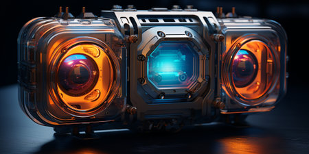 3d rendering of a video camera on a dark background. 3d illustration.の素材