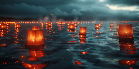 Lanterns floating on the water. 3D illustration.の素材