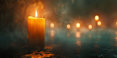 Burning candle on a dark background with smoke and bokehの素材