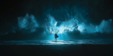 Surreal scene with man standing on the beach. 3d renderingの素材