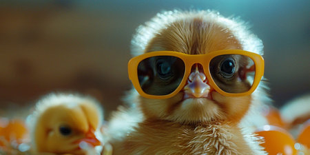 Cute baby chicken with yellow glasses and easter eggs background.の素材