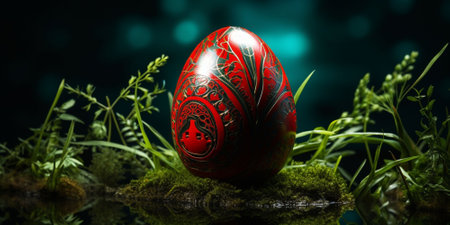 Easter egg on grass with bokeh background. 3d illustrationの素材