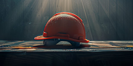 Hard hat on wooden background. Safety concept. 3D Renderingの素材