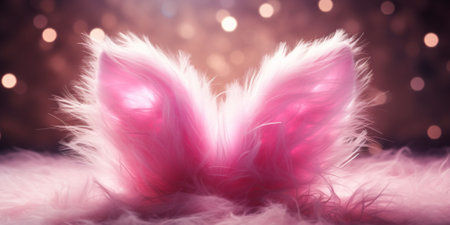Pink bunny ears on a pink fur background with bokeh.の素材