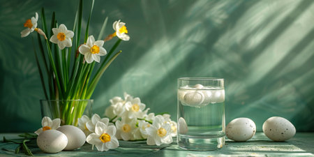 Easter still life with eggs and narcissus flowers on green backgroundの素材
