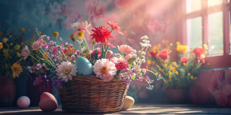 Easter eggs and spring flowers in basket on wooden table. Happy easterの素材