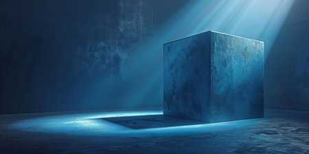 Digital composite of Blue cube with spotlight in dark room. 3D renderingの素材