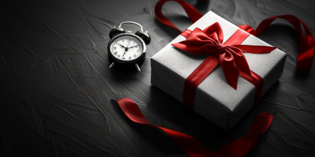 Gift box with red ribbon and alarm clock on black wooden backgroundの素材