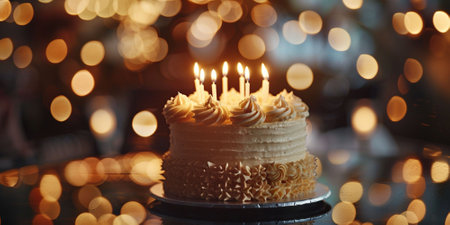 Birthday cake with candles on blurred bokeh background, closeupの素材