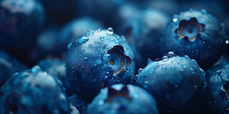 Fresh blueberries with water drops close-up, macro photography.の素材