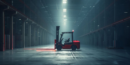 Forklift in warehouse with glowing light. 3D rendering.の素材